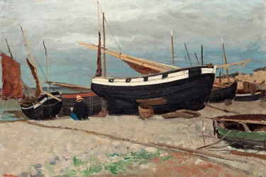 Bateaux sur le rivage, scène côtière du nord de la France
